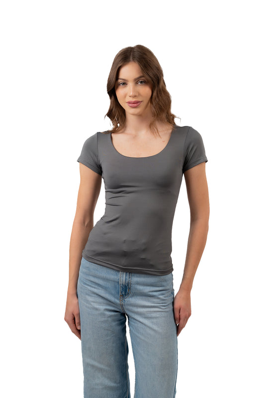 WIDE NECK SHORT SLEEVE CONTOURING TOP